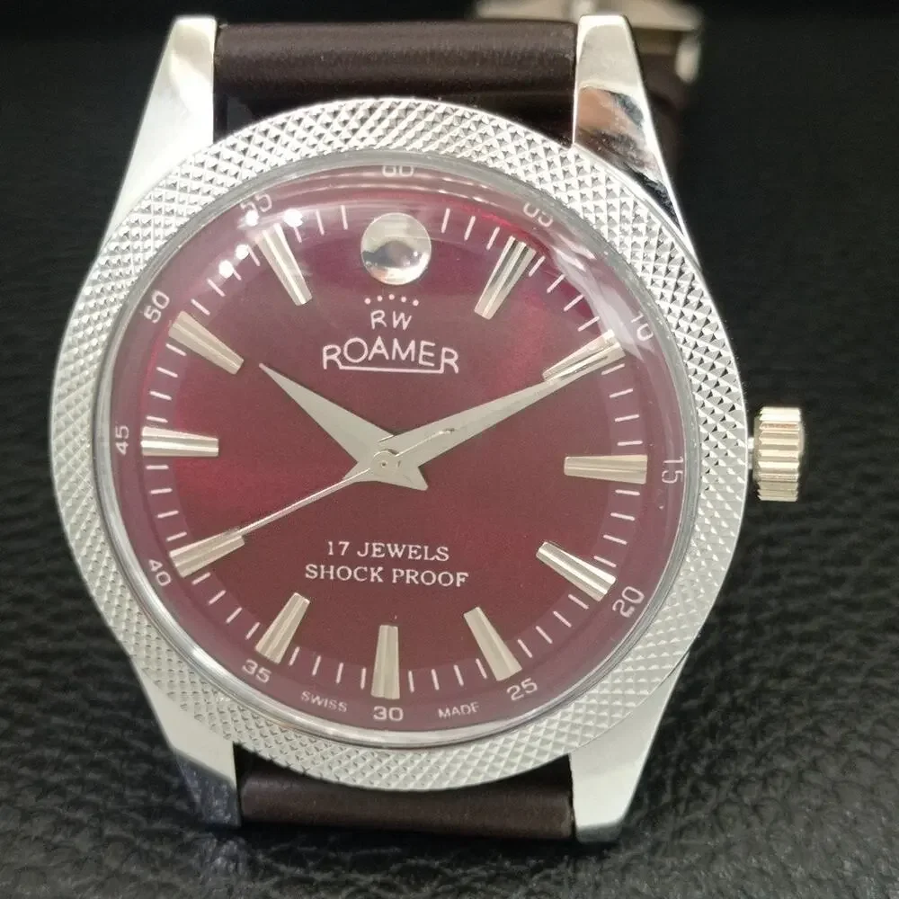 Vintage 1975 Roamer Manual Mens Silver Watch W/Leather Strap & Red accents